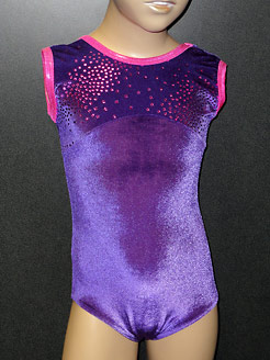 Vibrant purple velour gymnastic leotard with pink sparkle foil star details for gymnastics, disco and dance.