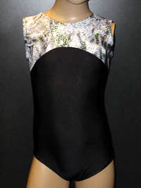Sleeveless black and silver lycra leotard for gymnastics, disco and dance.