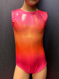 Gradient blend of orange, red and pink coloured foil sleeveless gymnastic leotard.