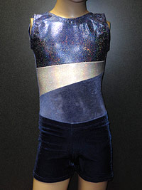 Two-tone purple foil and velour leotard with matching purple velour shorts for gymnastics, disco and dance.
