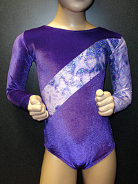 Two tone purple velour and sparkle fabric leotard for gymnastics, disco and dance.
