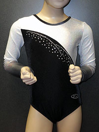 Long sleeved Black and White leotard with a velour lower section and diamente design and foil upper section for gym, disco and dance by The Zone.