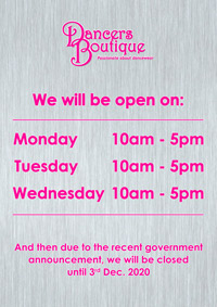 Open this week Monday to Wednesday from 10am to 5pm. Safe shopping for pointe shoes, ballet, dancewear, leotards and dance shoes visit Dancers Boutique. We have signs, sanitiser, arrows and a very clean shop... you'll need your shopping list, a face covering and freshly laundered or new socks if you need shoes. 
