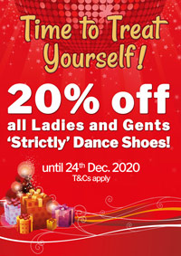 20 percent off all Ladies and Gents 'Strictly' Dance Shoes. Discounted Ballroom, Latin, Salsa, Ceroc, Line Dancing, Sequence... whatever your style, we have a great choice of shoes for you to choose from, all at 20 percent off, in store only. 