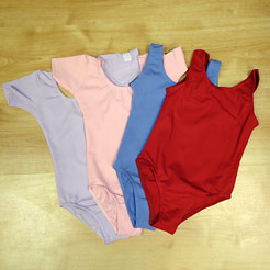Ballet dance uniform leotard in lilac, pink, lavender and red for children.