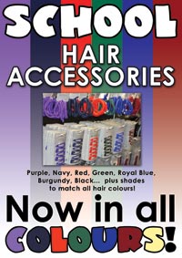 School colours hair accesories in Purple, Navy, Red, Green, Royal Blue, Burgundy, Black...  plus shades to match all hair colours like Blonde, Brunette and Dark!