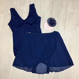 RAD navy blue leotard, navy ballet skirts, bun covers.