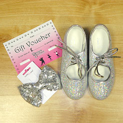 Gifts for Dancers UK Shop Local for Silver tap shoes, glitter tap shoes, glitter hair bows, sparkly hair accessories