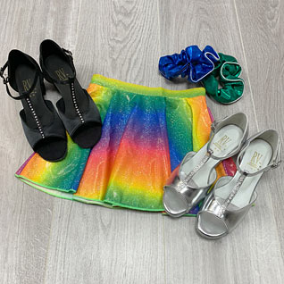 rainbow dance skirt, ballroom shoes for children, girls ballroom, lycra skirts.