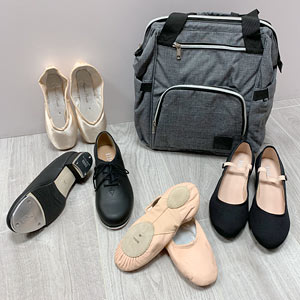 ballet back pack bag, leather split sole ballet shoes, character shoes, pointe shoes.